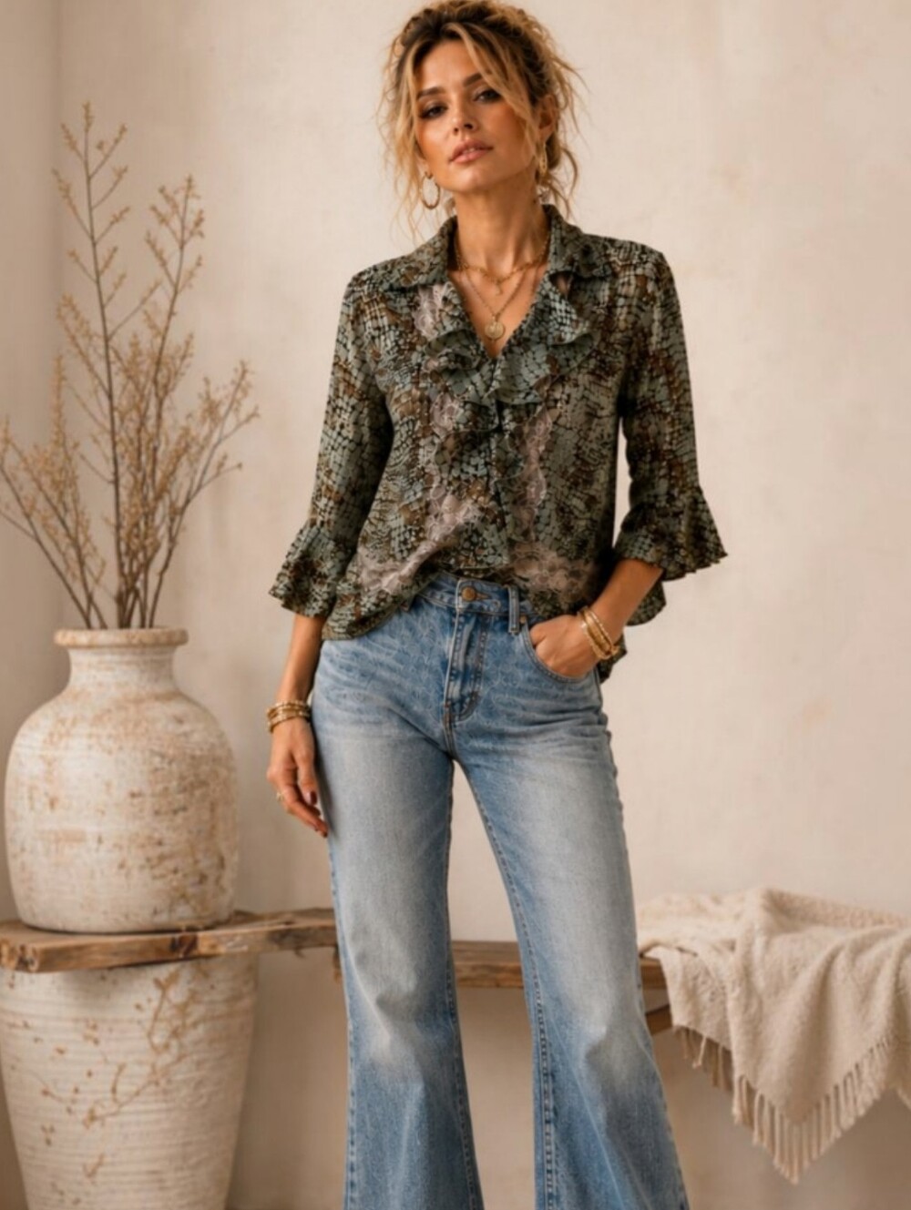 Vintage Piano Y2K Lightweight Snake Print Ruffled Blouse Size Med